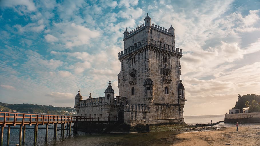 portugal, lisbon, sky, beach, belem, clouds, bridge, ocean HD wallpaper