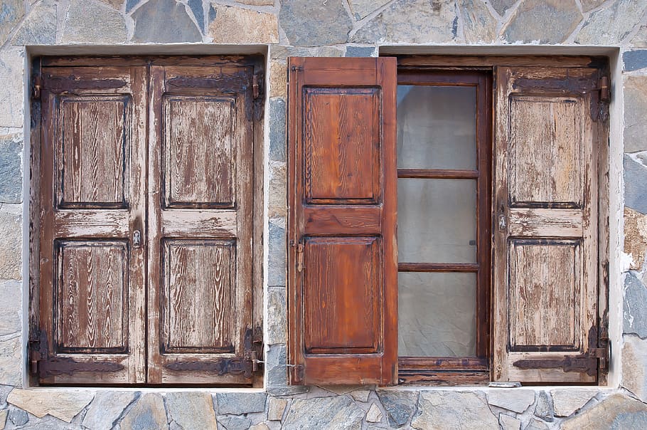 window, stone wall, house, building, shutter, wood, greece HD wallpaper