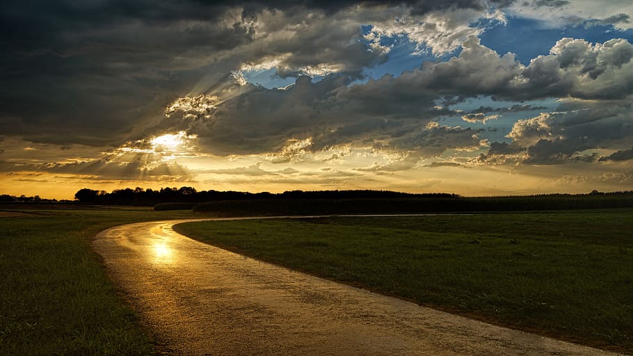 wet, rain, road, clouds, sunset, nature, landscape, evening HD wallpaper