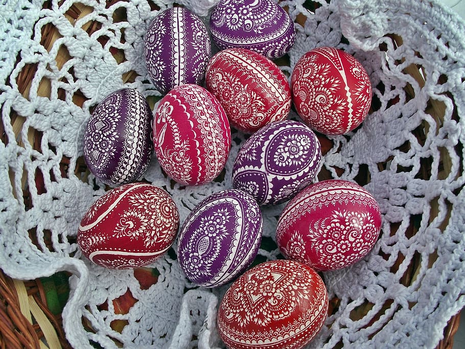easter, easter eggs, easter basket, high angle view, food, red HD wallpaper