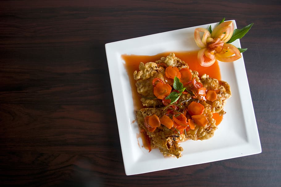 Brown Fried Food With Orange Soup on Ceramic Plate, cuisine, delicious HD wallpaper
