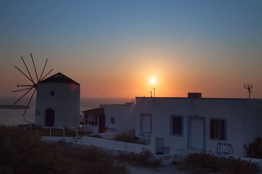 greece, oia, sun, mill, grece, landscape, sea, view, sunrise HD wallpaper