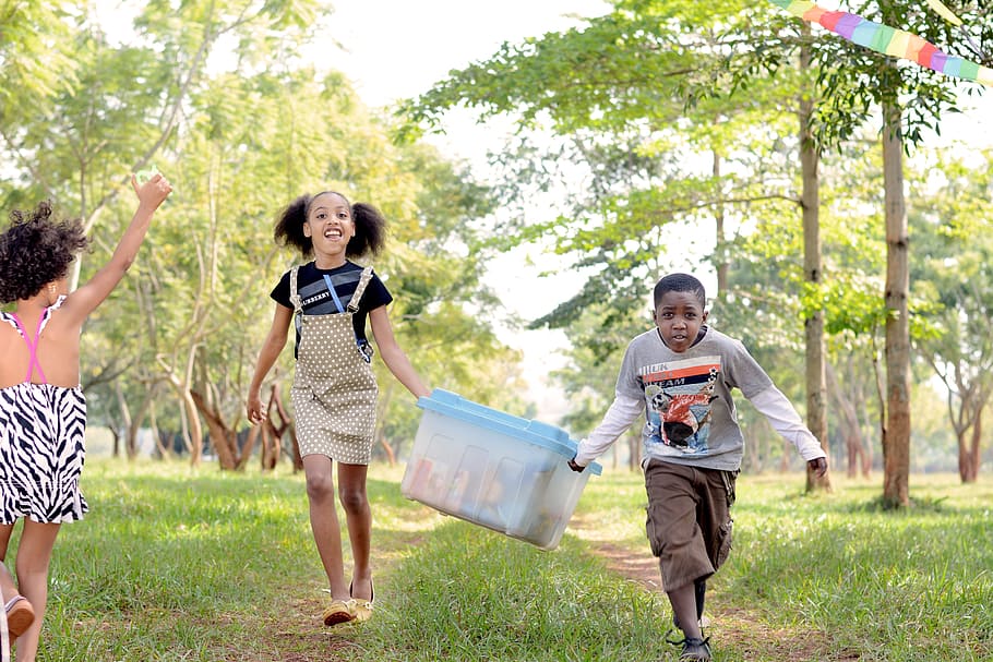 Three Children Playing Near Trees, active, adorable, boy, carry HD wallpaper
