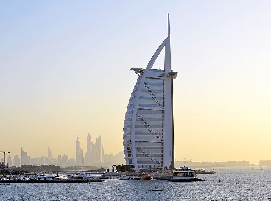 Burj Al Arab, water, sky, nautical vessel, architecture, waterfront HD wallpaper