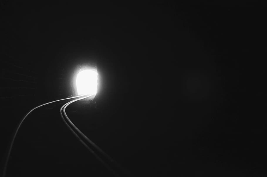argentina, mendoza, tunnel, light, rails, train, black and white, HD wallpaper