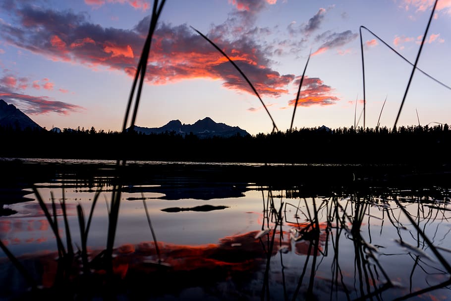 sunset, trees, mountain sunset, lake, lake sunset, clouds, cloudy sunset HD wallpaper