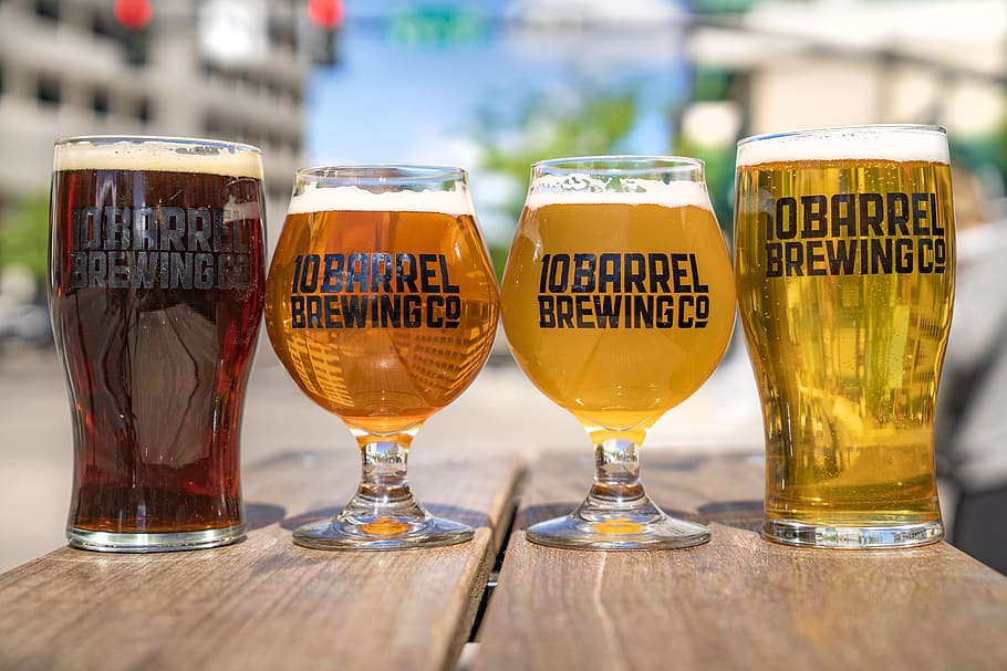 two wine glasses between two pilsner glasses, drink, refreshment HD wallpaper