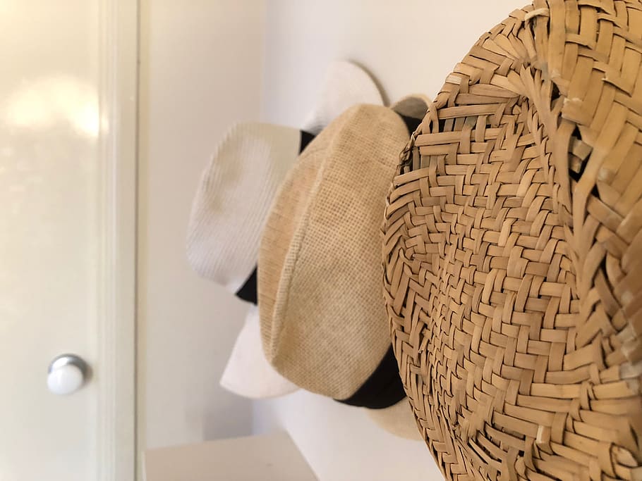 hat, hats, indoors, wicker, basket, clothing, no people, focus on foreground HD wallpaper