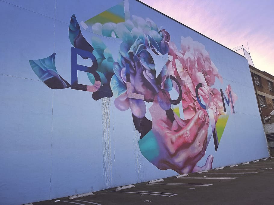 los angeles, united states, arts district, flowers, mural, color photography