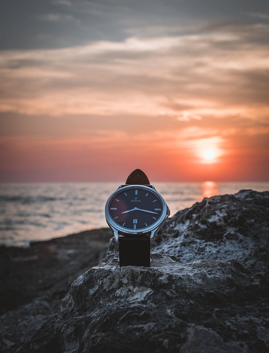 round silver-colored watch on rack during sunset, croatia, vessel HD wallpaper