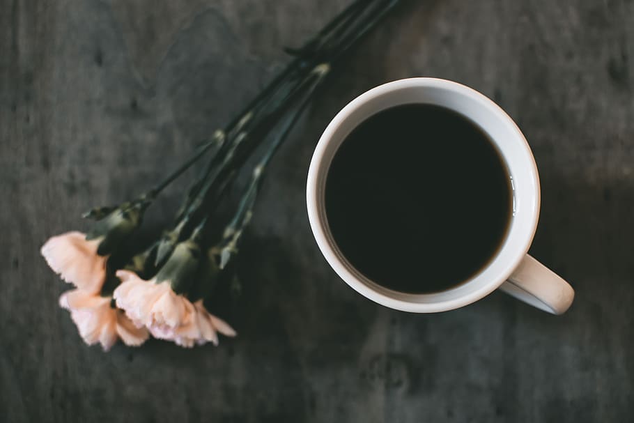 White Ceramic Mug Beside White Petaled Flower, black coffee, caffeine HD wallpaper