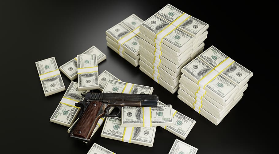 money, dollars, gun, mafia, bribe, bloody, profit, rich, finance
