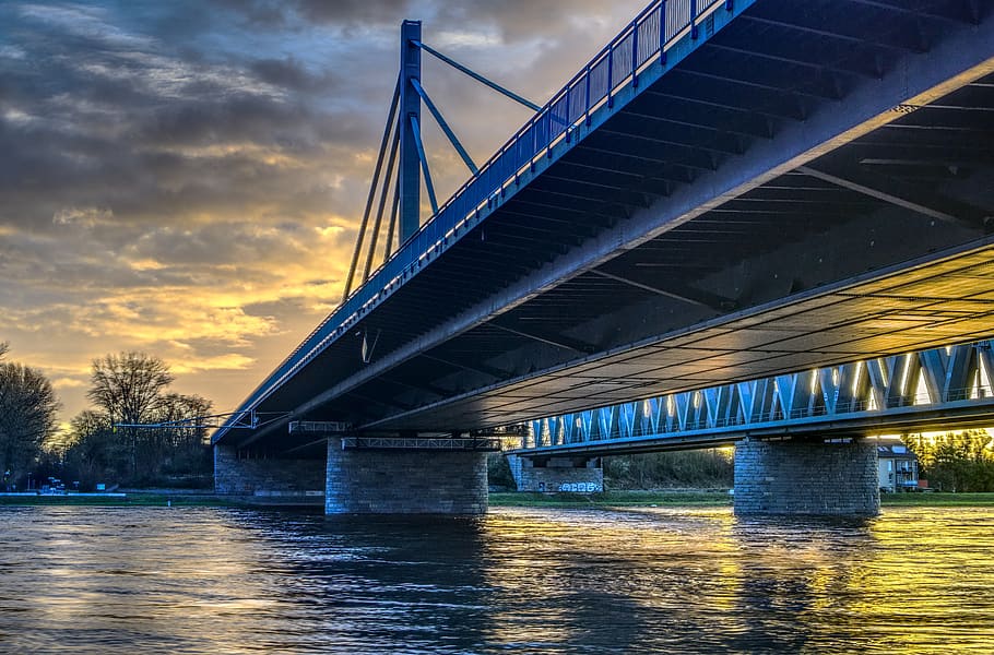 bridge, waters, river, high water, rhine, sunrise, sunlight HD wallpaper
