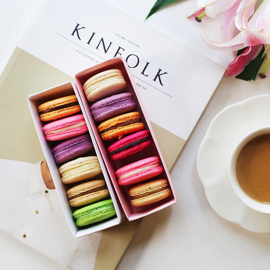 Assorted Pastry in Box, boxes, bread, close-up, coffee, cup, delicious HD wallpaper