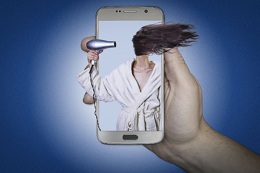 manipulation, hair dryer, woman, phone, technology, wireless technology, HD wallpaper