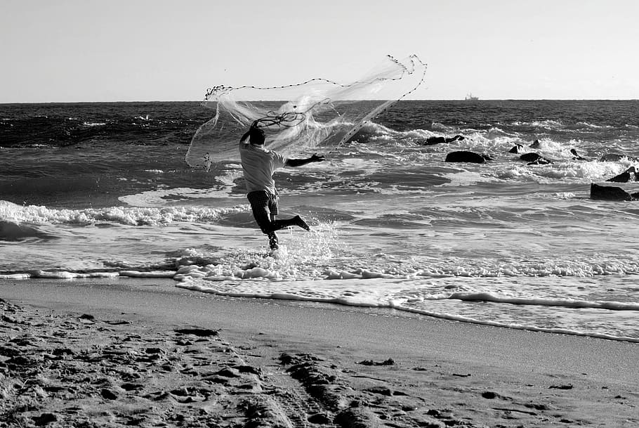 fisherman, casting net, bait, water, fishing, nature, catch HD wallpaper