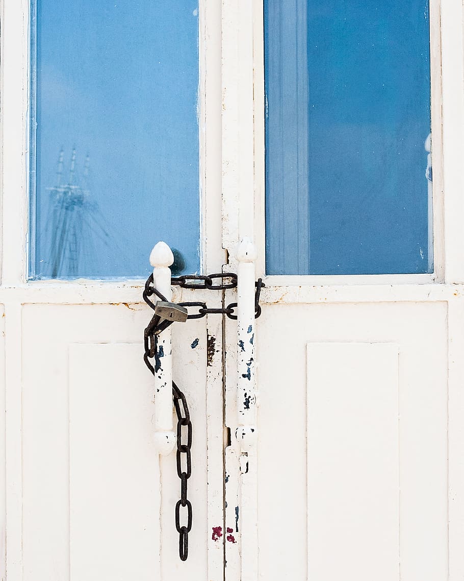 Photo of Locked White Door, chain, chains, doorway, entrance HD wallpaper