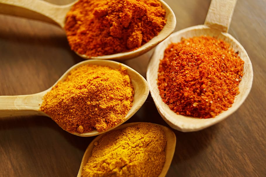 Four Assorted Spices On Wooden Spoons, chili, chilli powder, cinnamon HD wallpaper