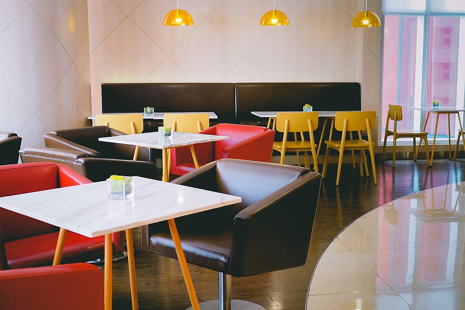 restaurant interior, table, seat, chair, furniture, modern, indoors HD wallpaper