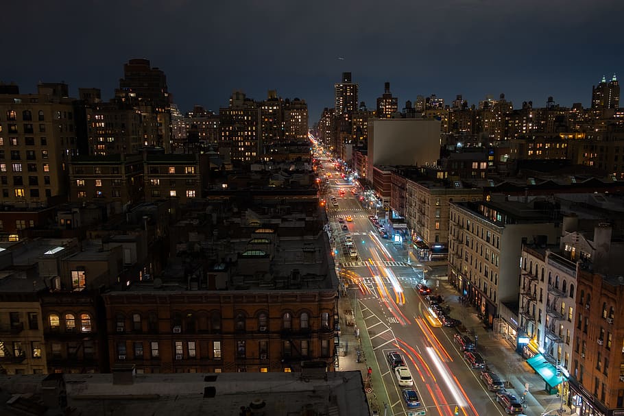 night cityscape, intersection, road, scenery, outdoors, nature HD wallpaper