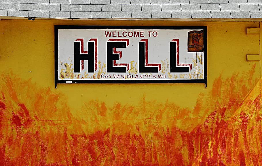 Welcome to Hell signage, word, text, grand cayman, symbol, flames