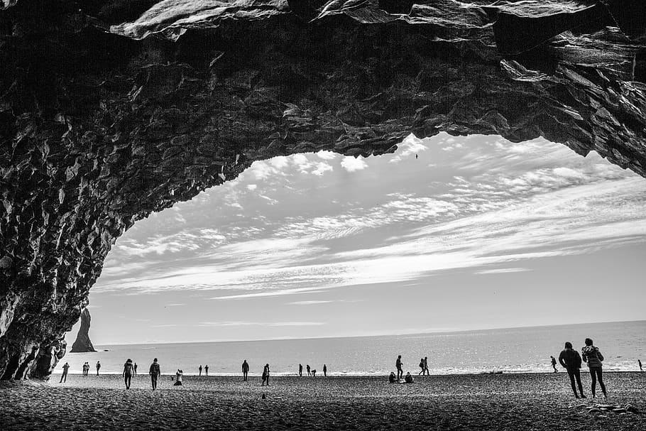 iceland, reynisfjara beach, cave, black, rock, sea, water, group of people, HD wallpaper