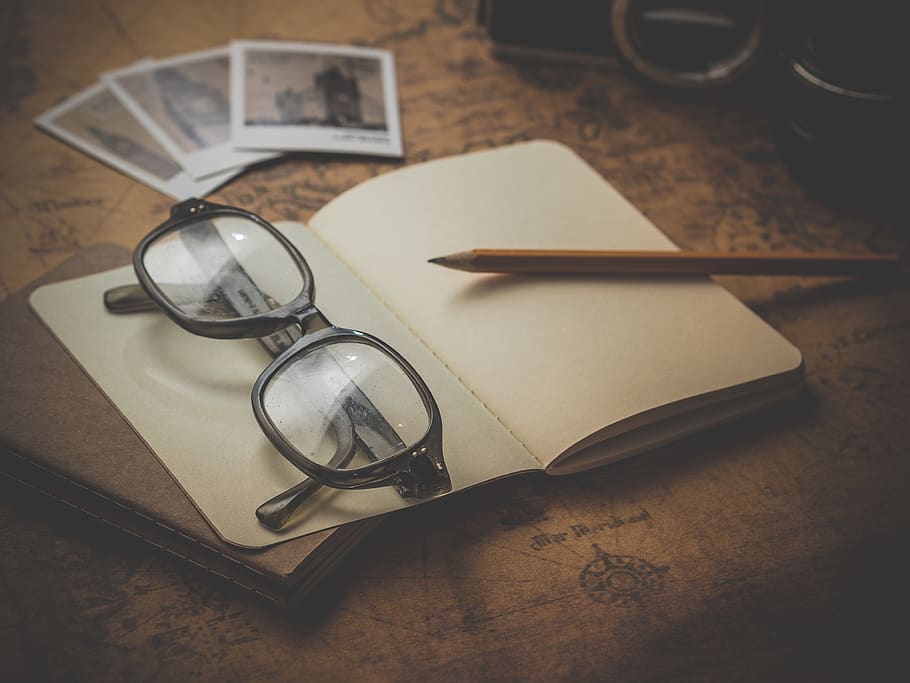 Eyeglasses on Book, antique, blank, blur, camera, classic, close-up