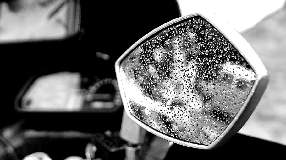 mirror, motor, drops, rain, refelction, antique, counter, close-up HD wallpaper