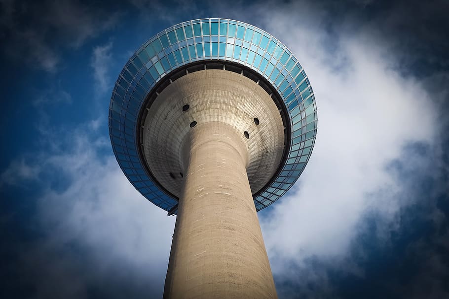 sky, clouds, architecture, tv tower, blue, dark clouds, covered sky HD wallpaper
