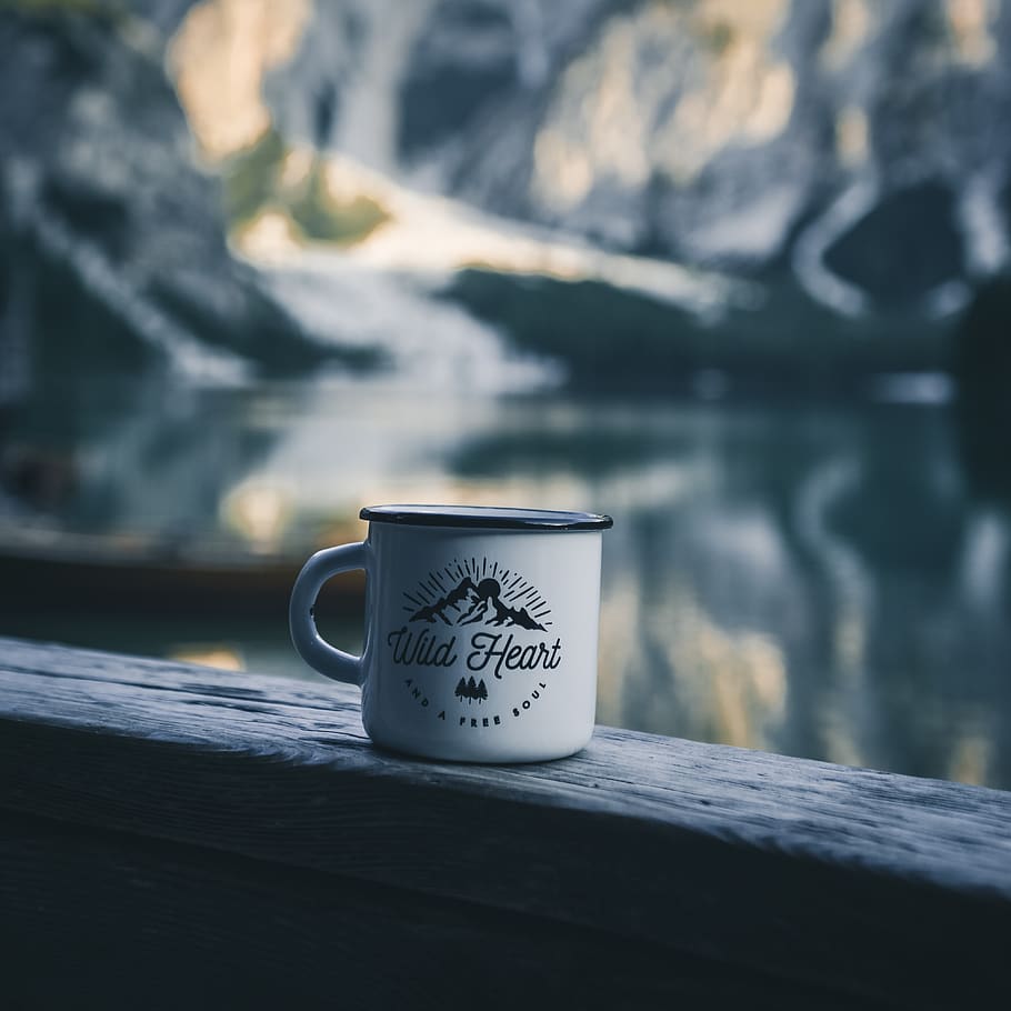 white and black mug on plank, cup, coffee cup, nature, pottery