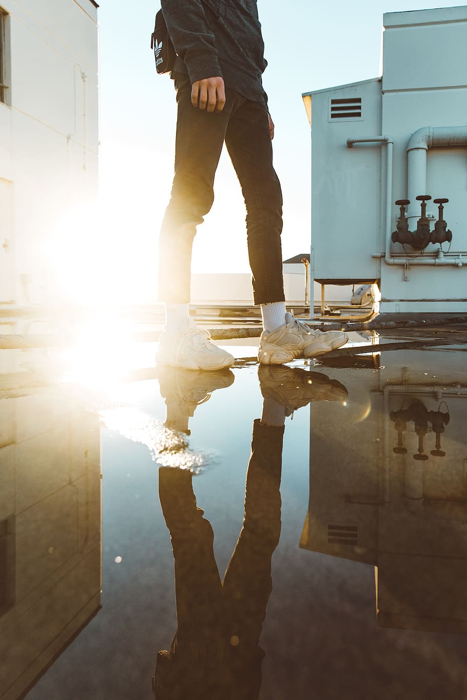 man standing on a puddle, human, person, flooring, light, plumbing HD wallpaper