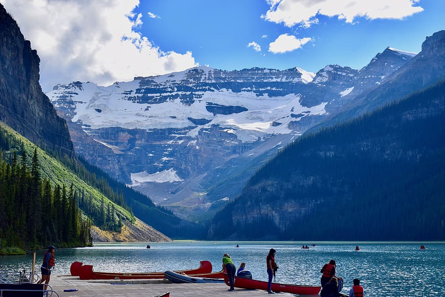 canada, lake louise, glacier, canoe, mountain, water, beauty in nature, HD wallpaper