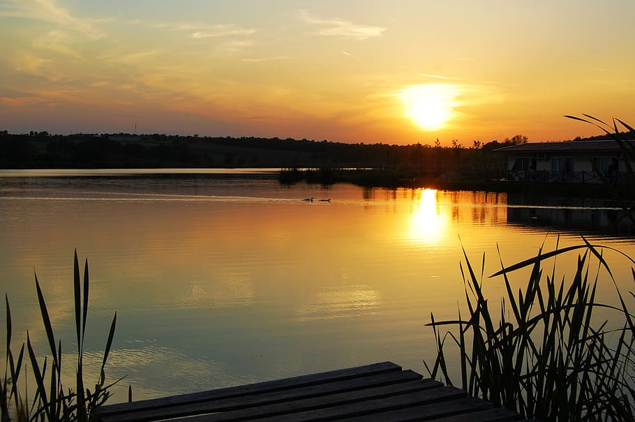 sunset, lake, dam, nature, reflection, reflections, water, landscape HD wallpaper