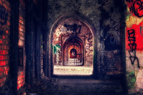 crypt, catacombs, vault, masonry, underground, creepy, horror HD wallpaper
