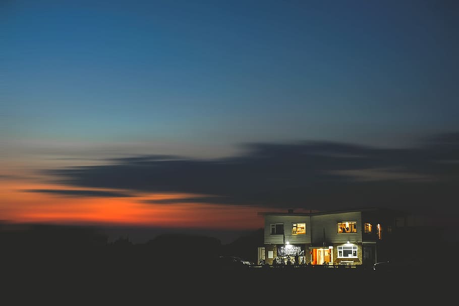white lighted house during sunset, building, sky, cloudy, orange HD wallpaper
