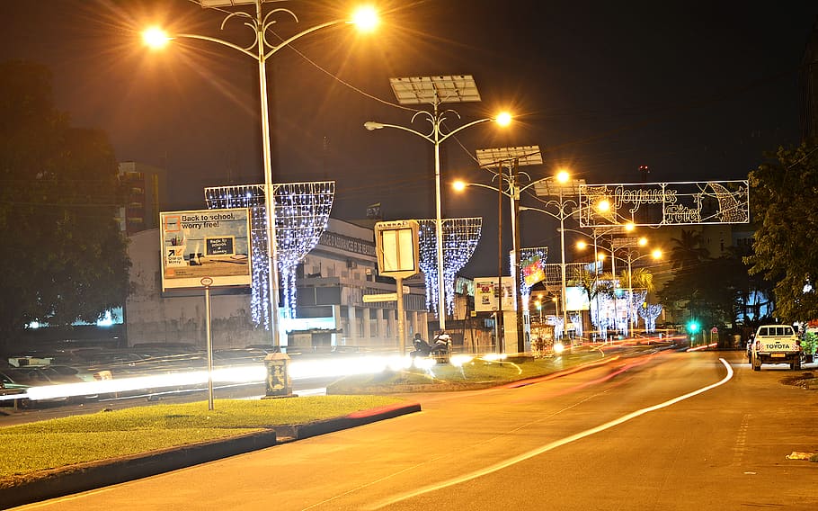 cameroon, douala, akwa i, city, lights, night, cameroun, season's greetings, HD wallpaper
