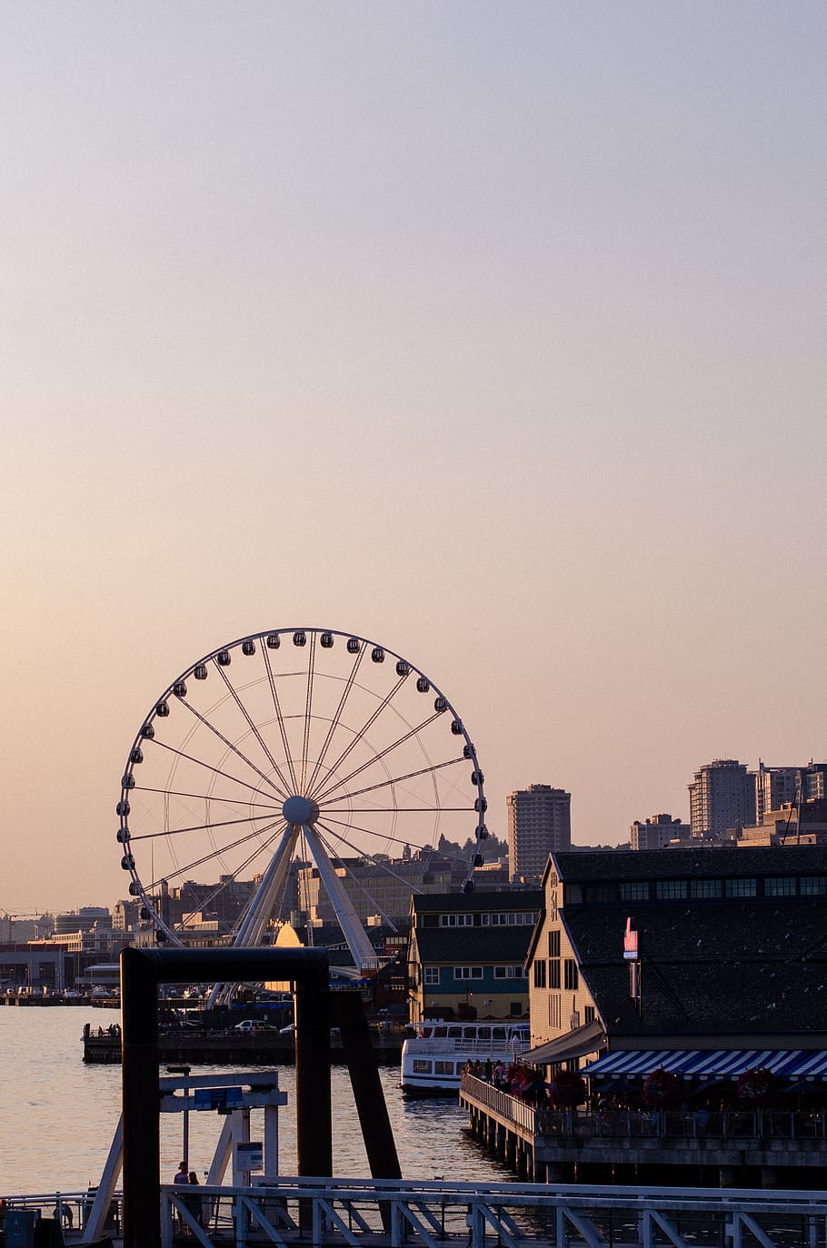 sunset, ferris wheel, seashore, amusement park, architecture HD wallpaper