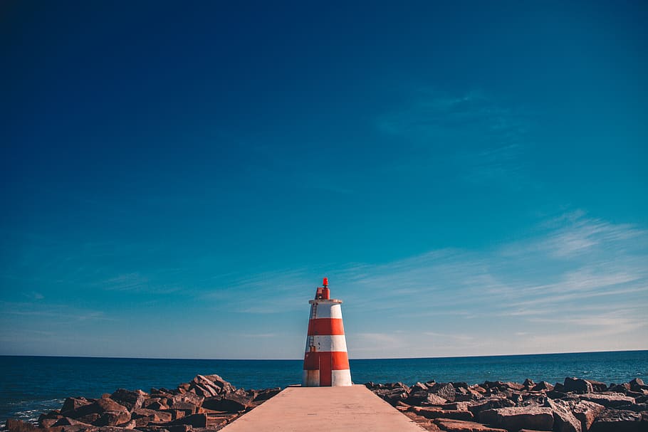 Orange and White Lighthouse on Dock, architecture, blue sky, clouds HD wallpaper