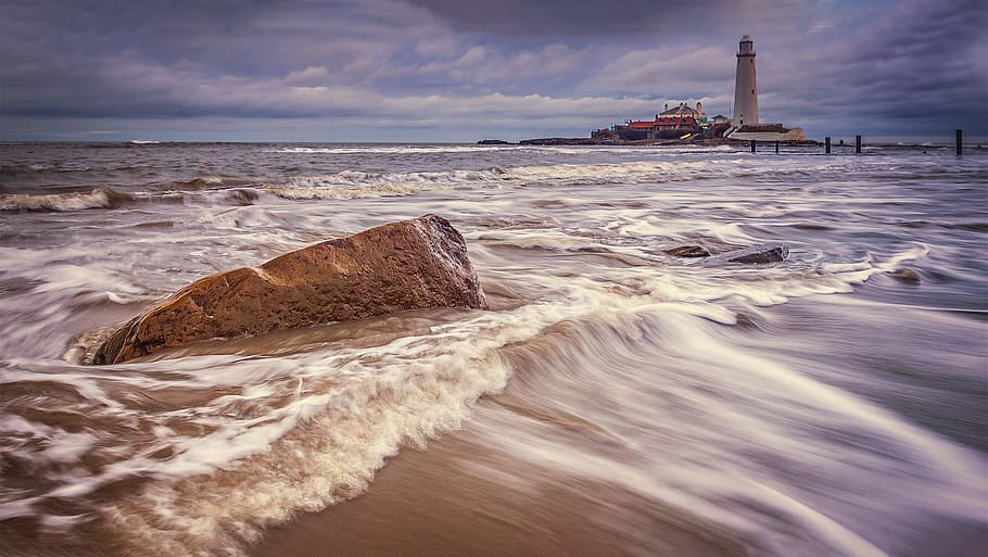 Body Of Water, beach, lighthouse, ocean, rock, sand, sea, seascape HD wallpaper