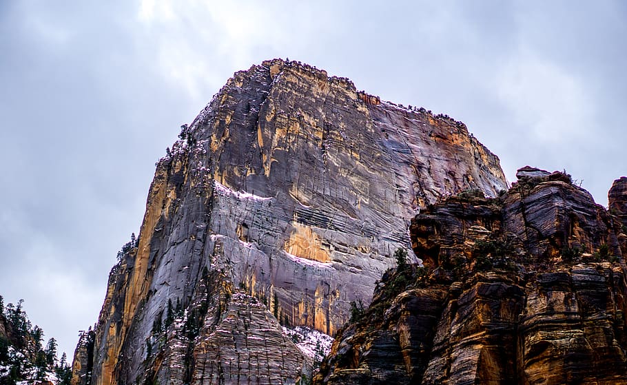 mountain, clouds, zion, tree, climbing, rock formation, low angle view HD wallpaper