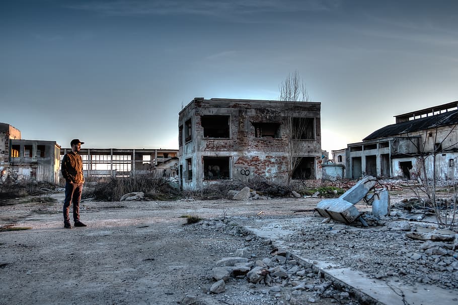 Man Standing Near Ruined Buildings, abandoned, decay, demolition