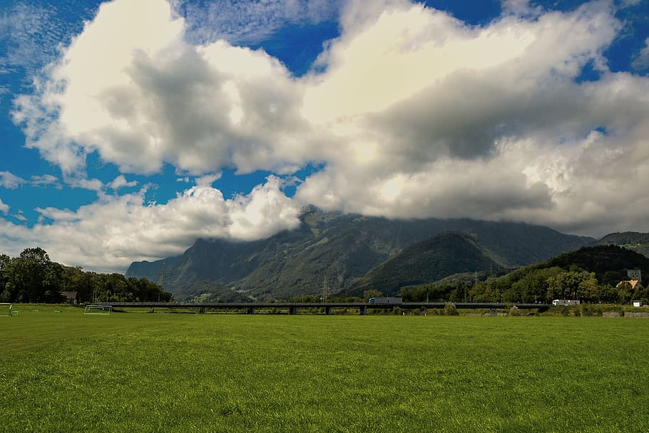 clouds, landscape, rheinbrücke, grass, rhine valley, cloud - sky HD wallpaper