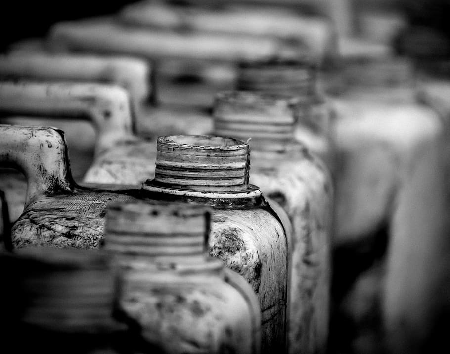 grayscale photography gallons, selective focus, no people, decline HD wallpaper