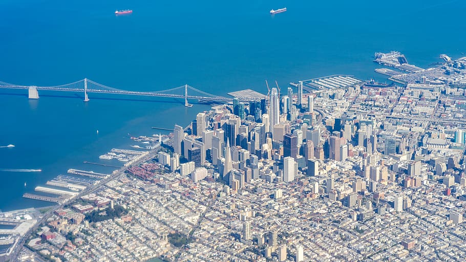united states, san francisco, flyover, from above, bridge, water