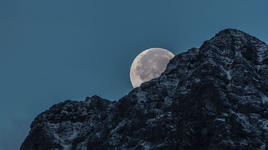 moon behind rock mountain, sky, landscape, outdoors, nature, wanderlust HD wallpaper