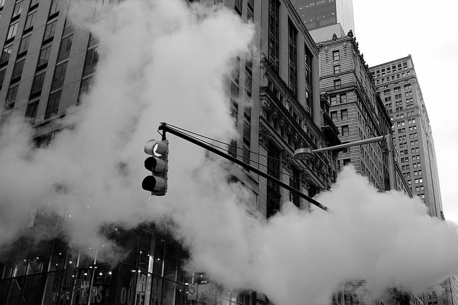 grayscale traffic light near building, street, street light, steam, HD wallpaper