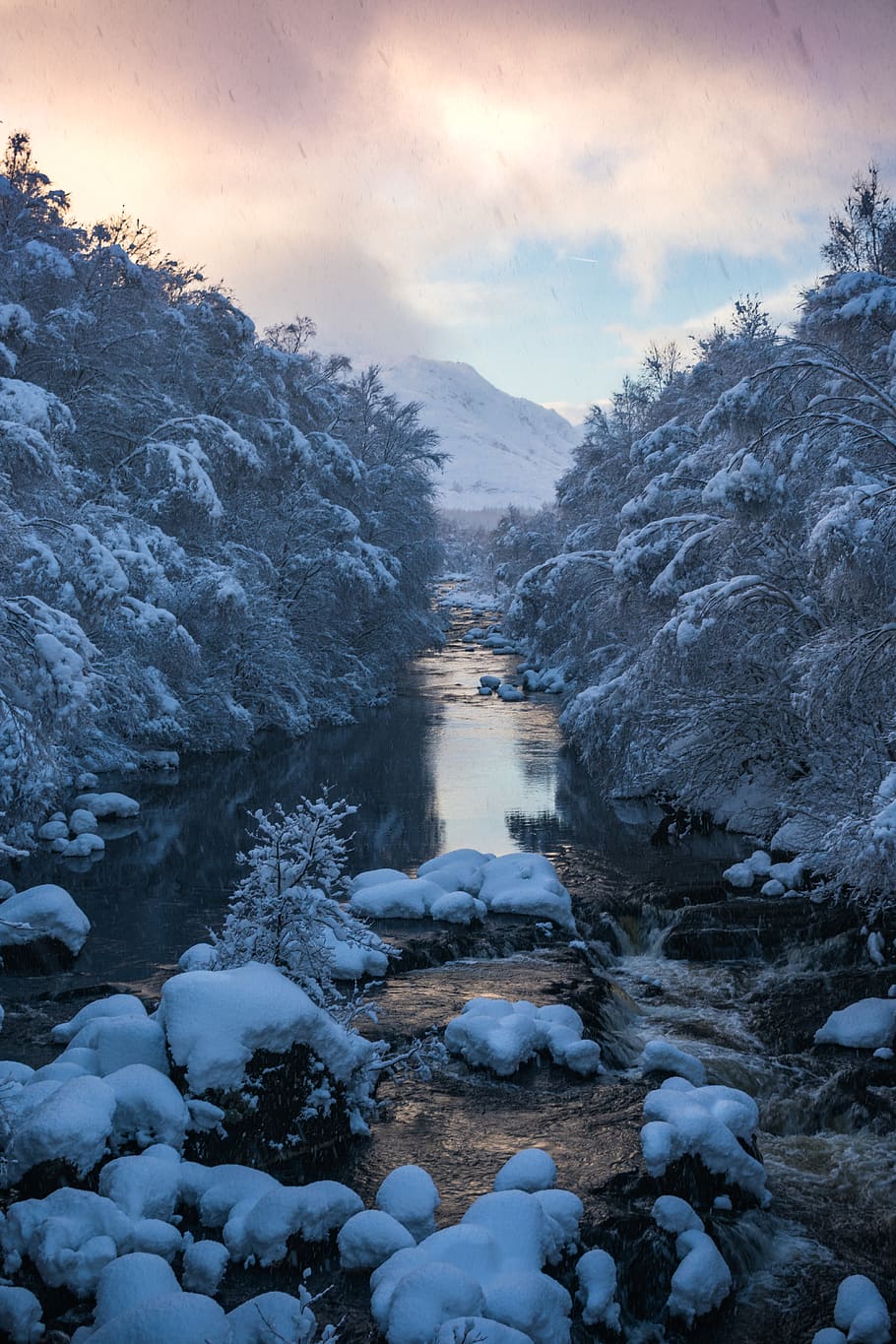 river and trees, outdoors, ice, nature, snow, mountain, winter HD wallpaper
