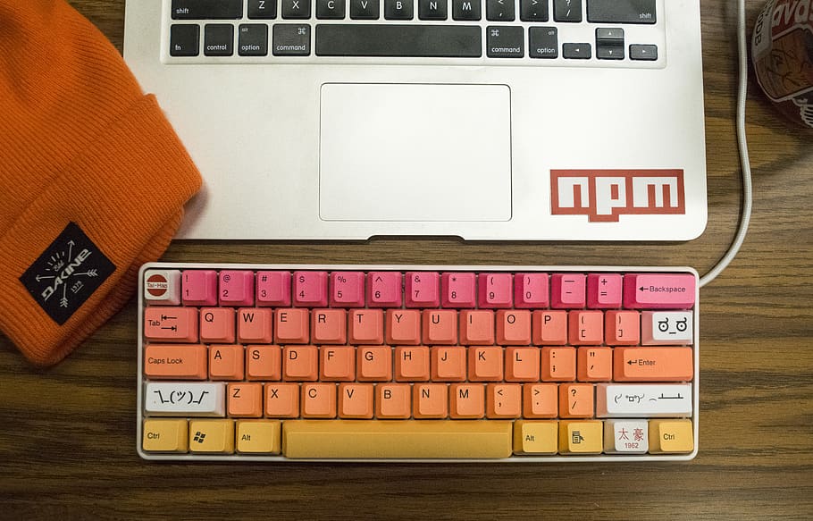 orange pink keyboard, computer, technology, table, communication HD wallpaper