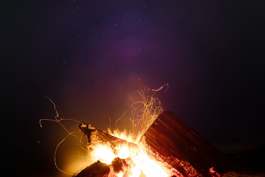 flame illustration, long exposure, fire, spark, log, logfire HD wallpaper