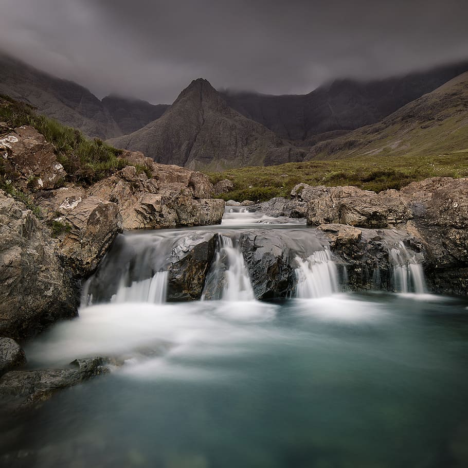 waterfalls surrounded by moutains, rock, mountain, river, long exposure